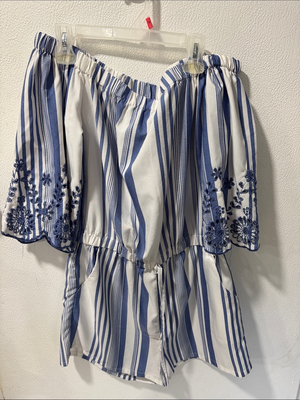 Off-Shoulder Blue & White Striped Women's Top - Embroidered Sleeve Detail